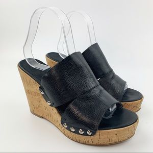 NINE WEST Black Leather Cork Wedge Sandals Sz 8.5